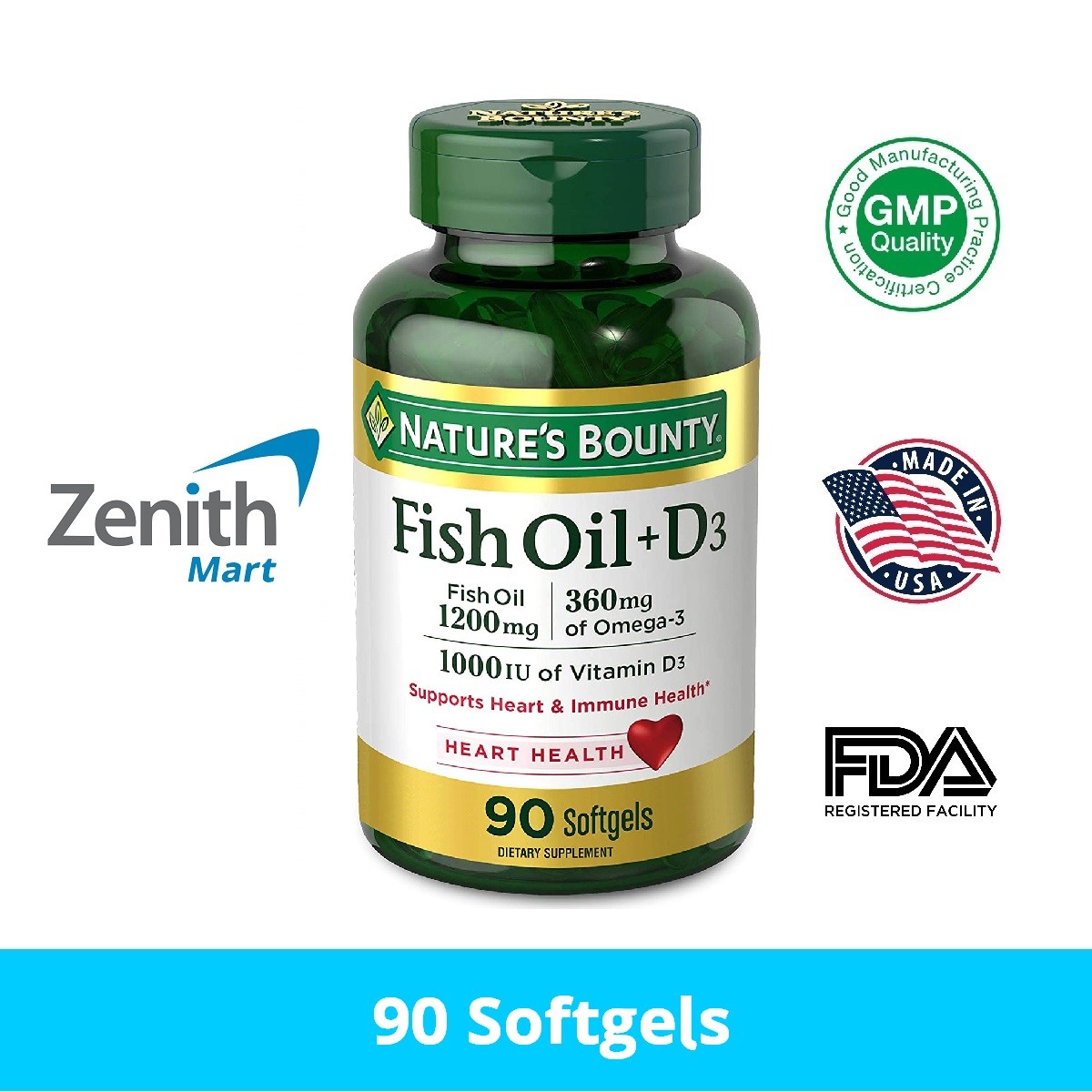 Nature's Bounty Fish Oil Plus Vitamin D3 – 90 Softgels - Zenith Mart
