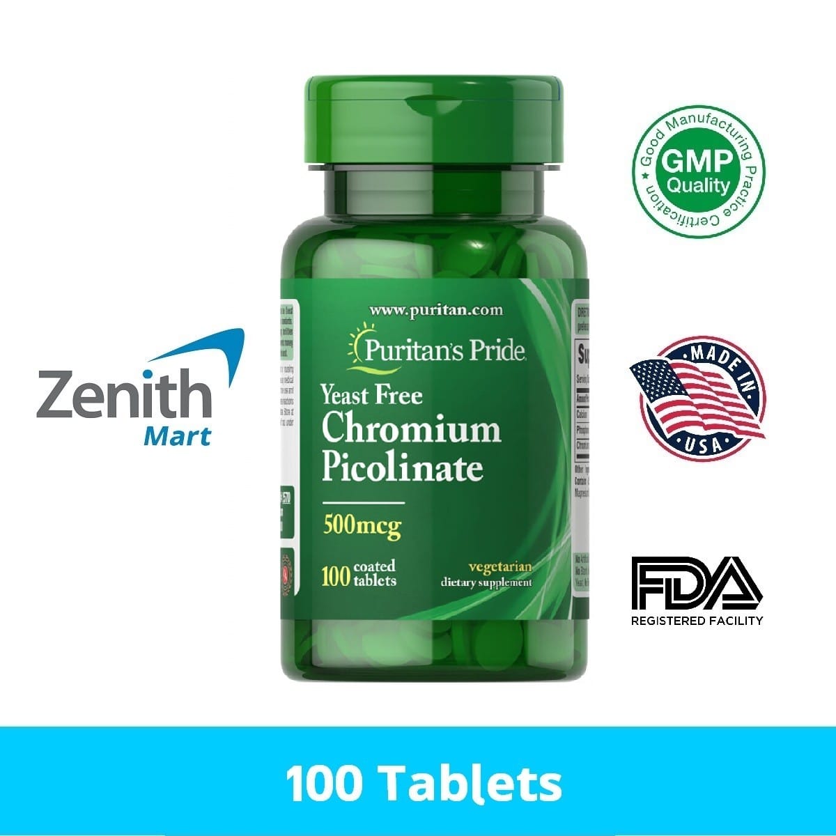 Puritan's Pride Chromium Picolinate 500 mcg 100 Tablets Zenith Mart
