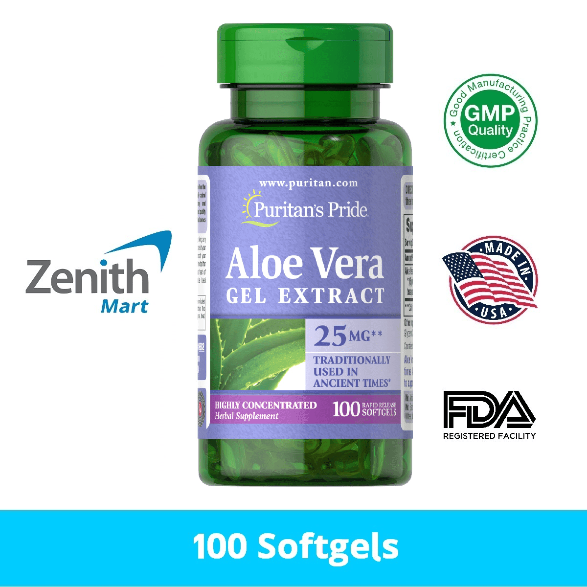 Puritan’s Pride Aloe Vera Extract 25 mg 100 Softgels Zenith Mart