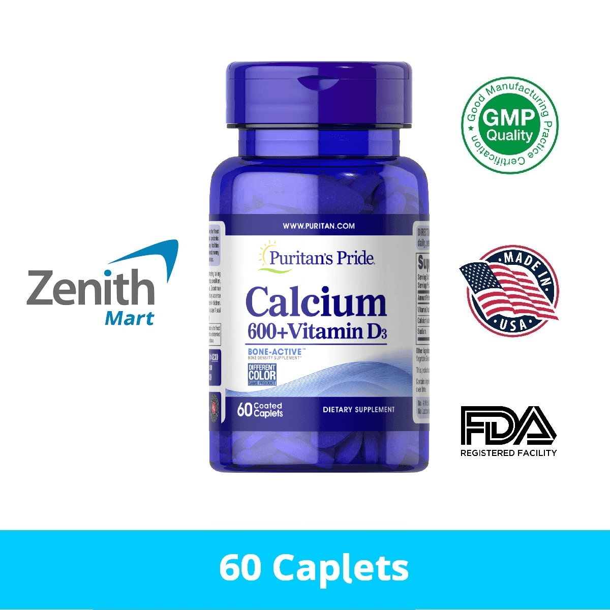 Puritan’s Pride Calcium 600 with Vitamin D3 60 Caplets Zenith Mart