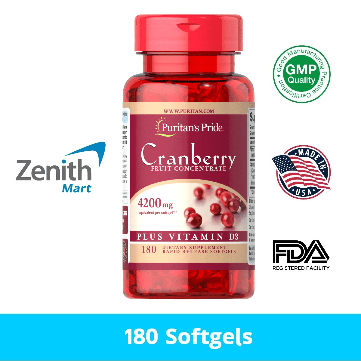 Puritan’s Pride Cranberry Fruit Concentrate with C & E 4200mg 180