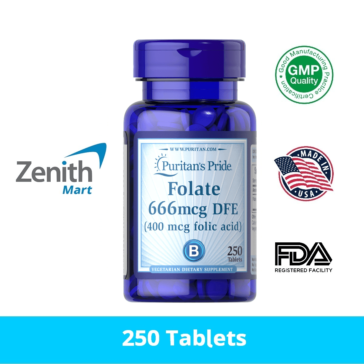 Puritan’s Pride Folate 666mcg DFE (Folic Acid 400 mcg) – 250 Tablets ...