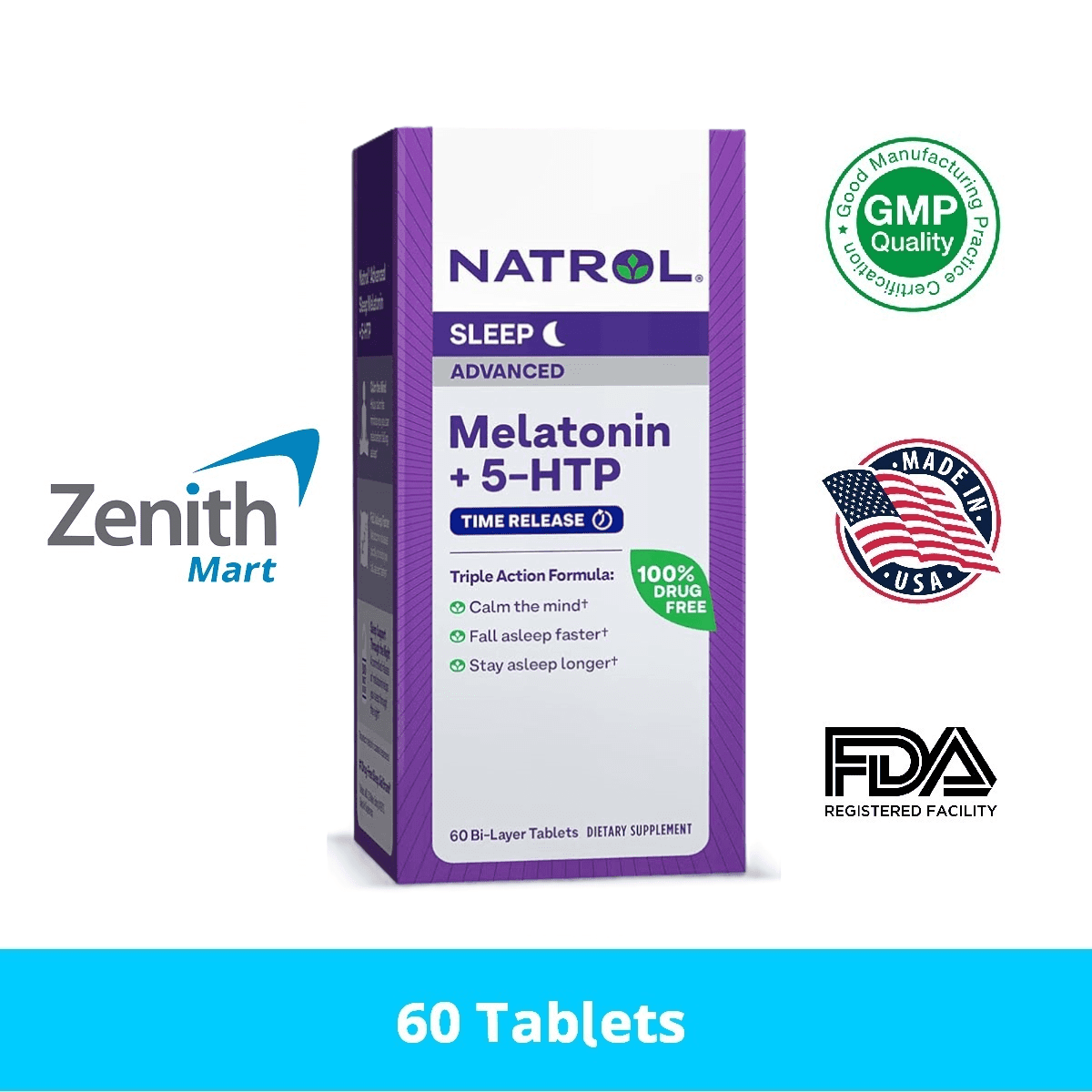 Natrol Melatonin + 5 HTP Advanced Sleep Aid 100 DrugFree 60 Tablets